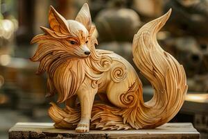 Wooden Kitsune Sculpture with Intricate Fox-Like Features and a Mystical Aura AI Image photo