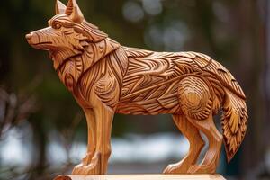 elegante de madera lobo escultura con meticuloso artesanía, mostrando orgulloso postura ai imagen foto