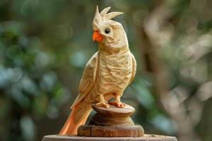 Detailed wooden cockatiel sculpture with graceful posture. Carving and natural wood texture AI Image photo