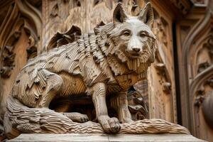 Handcrafted wooden wolf sculpture featuring intricate craftsmanship and proud pose AI Image photo