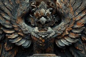 Garuda wooden sculpture featuring powerful wings and fierce expression AI Image photo