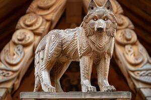 Exquisite wooden wolf sculpture showcasing detailed craftsmanship. Proud posture AI Image photo