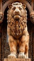 Wooden Lion Sculpture Intricate Details and Proud Posture AI Image photo