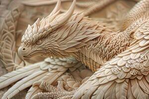 Wood carved cockatiel dragon height map trim sheet with intricate details AI Image photo