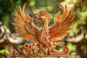 Majestic Wooden Phoenix Fiery Plumage and Wingspan. AI Image photo