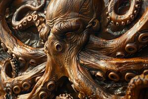 intrincadamente detallado de madera kraken escultura en medio de arremolinándose aguas ai imagen foto
