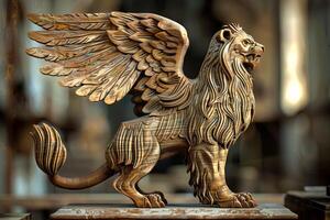 Griffin wooden statue featuring majestic wings and powerful lion's body AI Image photo