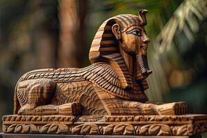 Mysterious Wooden Sphinx Majestic Stance and Enigmatic Visage. AI Image photo