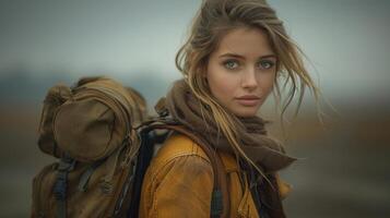 A woman is walking with a backpack on her back photo