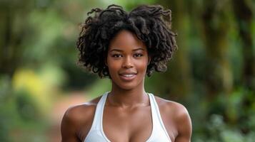 Woman in sports bra smiling at the camera photo