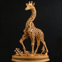Wooden Giraffe Sculpture with Intricate Details and Proud Posture AI Image photo