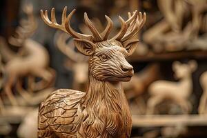 Deer wooden statue featuring a majestic presence and proud posture AI Image photo