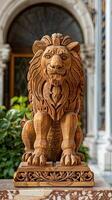 Wooden Lion Sculpture Featuring Intricate Details and Proud Posture AI Image photo