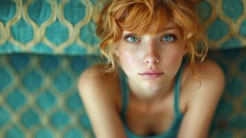 A woman with red hair and blue eyes sitting on a couch photo