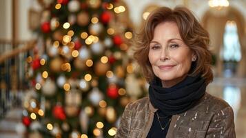 A woman standing next to a decorated Christmas tree indoors photo