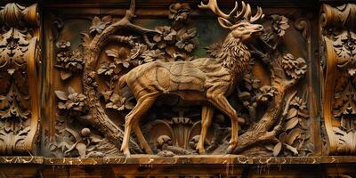 Exquisitely crafted wooden deer sculpture showcasing intricate details AI Image photo