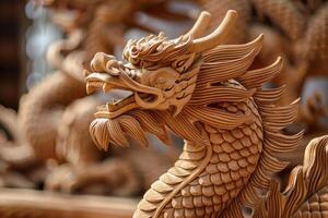 Wooden dragon sculpture displaying lifelike features and intricate details AI Image photo