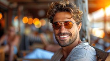 un hombre con un barba y Gafas de sol sonrisas calurosamente foto