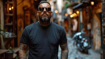 un hombre con tatuajes vistiendo un negro camisa y Gafas de sol foto
