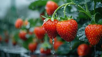 Fresh ripe strawberries hanging from tree branches photo