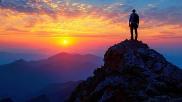 A man standing proudly on a mountain peak as the sun sets in the background photo