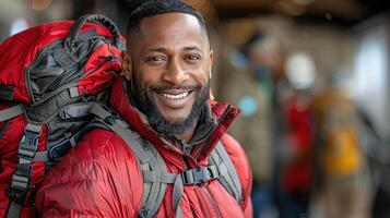 A man standing with a backpack on his back in an outdoor setting photo