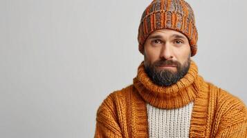 Bearded man wearing a knitted hat and scarf photo