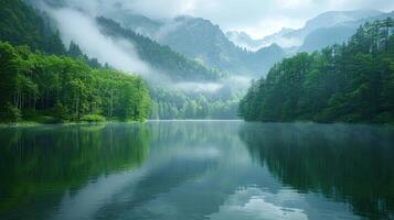 un grande cuerpo de agua reflejando el rodeando bosque paisaje foto