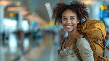 A woman carrying a backpack smiles at the camera photo