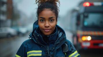 A woman standing next to a red fire truck in a parking lot photo