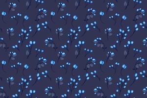 Bright dark blue abstract seamless pattern. hand drawn. Creative tiny branches with shapes berries, drops, dots, spots and leaves. Template for design, textile, fashion, printing vector