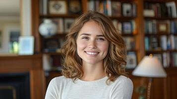 un mujer soportes en frente de un estante para libros lleno con libros foto