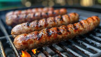 Two sausages sizzling on a grill photo