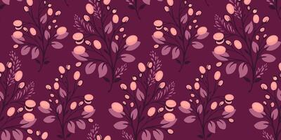 Burgundy abstract seamless pattern with creative artistic branches with shapes berries, drops, spots and tiny leaves on a burgundy background. hand drawn. Template for design, textile, fashion vector
