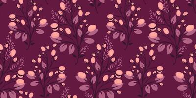 Burgundy abstract seamless pattern with creative artistic branches with shapes berries, drops, spots and tiny leaves on a burgundy background. hand drawn. Template for design, textile, fashion vector