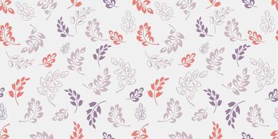 Pastel seamless pattern with abstract branches with tiny leaves. hand drawn sketch. Simple white background with creative cute floral stems in shapes dots, drops, spots printing. Template vector