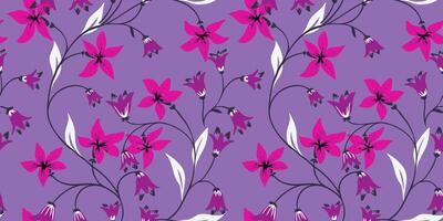 Purple seamless pattern with abstract artistic branches tiny flowers bells. hand drawn. Simple violet background with creative wild floral stems intertwined in a printing. Template for designs vector