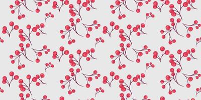 Simple hand drawn branches with red shapes berries seamless pattern. Abstract juniper, boxwood, viburnum, barberry illustration print. Collage template for design, textile vector