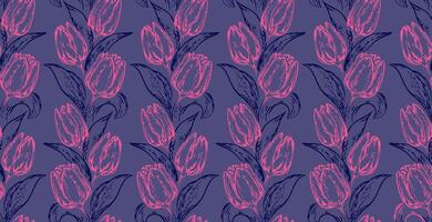 artístico resumen líneas tulipanes y hojas entrelazados en un sin costura modelo en un azul antecedentes. mano dibujado bosquejo contornos sencillo floral tallos impresión. diseño ornamento para tela, textil vector