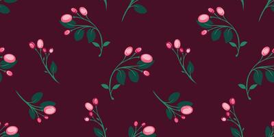 Minimalistic colorful seamless pattern with abstract tiny branches of leaves with shapes berries. hand drawn sketch. Simple creative burgundy printing background. vector