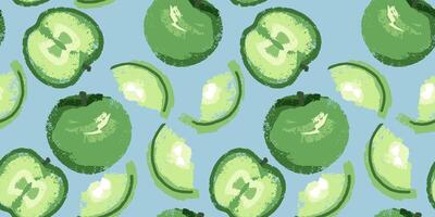 sin costura modelo con resumen verde frutas manzanas y manzana rebanadas en o azul antecedentes . estilizado, creativo mano dibujado bosquejo. forma manzana texturizado impresión. collage para diseños, estampado vector