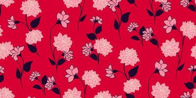 Abstract artistic tiny branches flowers and buds, small leaves scattered randomly on a red seamless pattern. hand drawn sketch. Creative wild floral printing. Template for design vector