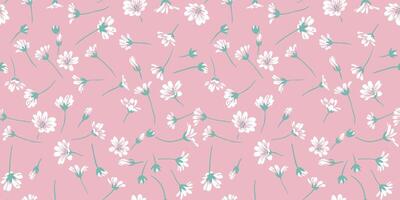 Light, cute, simple, hand drawn sketch abstract flowers pattern. Seamless tiny white flower field on a pink background. Collage template for designs, fashion, fabric, printing vector