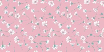 Light, cute, simple, hand drawn sketch abstract flowers pattern. Seamless tiny white flower field on a pink background. Collage template for designs, fashion, fabric, printing vector