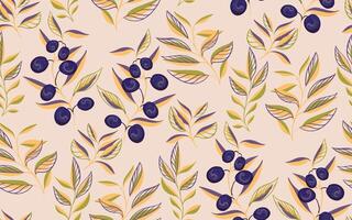 Abstract branches with leaves and creative olives berries seamless pattern. Colorful printing with decorative floral stems. hand drawn sketch. Template for textile, fabric, vector