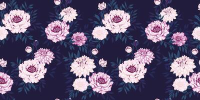 artístico resumen flores y hojas sin costura modelo en un oscuro antecedentes. floreciente floral impresión. mano dibujado ilustración. modelo para diseños, tela, moda, superficie diseño, fondo de pantalla vector