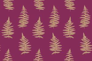 Minimalist seamless pattern with hand drawn abstract fern. Simple plant leaves ornaments on a burgundy background. Collage template for designs, textile, fabric, printing vector