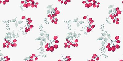 Abstract artistic branches with berries and leaves seamless pattern. drawn hand. Creative juniper, boxwood, viburnum, barberry. Botanical winter berry illustration print. Template for design vector