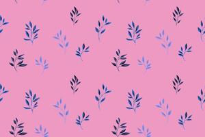 The trendy tiny leaf branches seamless pattern is randomly scattered. Abstract, minimalist isolate leaves on a pink background. hand drawn sketch. Collage for printing, designs, fabric vector
