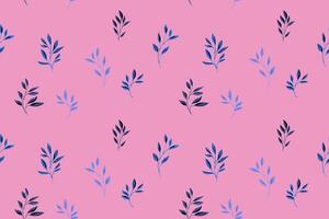 The trendy tiny leaf branches seamless pattern is randomly scattered. Abstract, minimalist isolate leaves on a pink background. hand drawn sketch. Collage for printing, designs, fabric vector